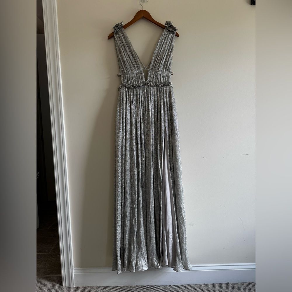 Jonathan Simkhai Plisse Lamé Goddess Gown Silver Size XS
